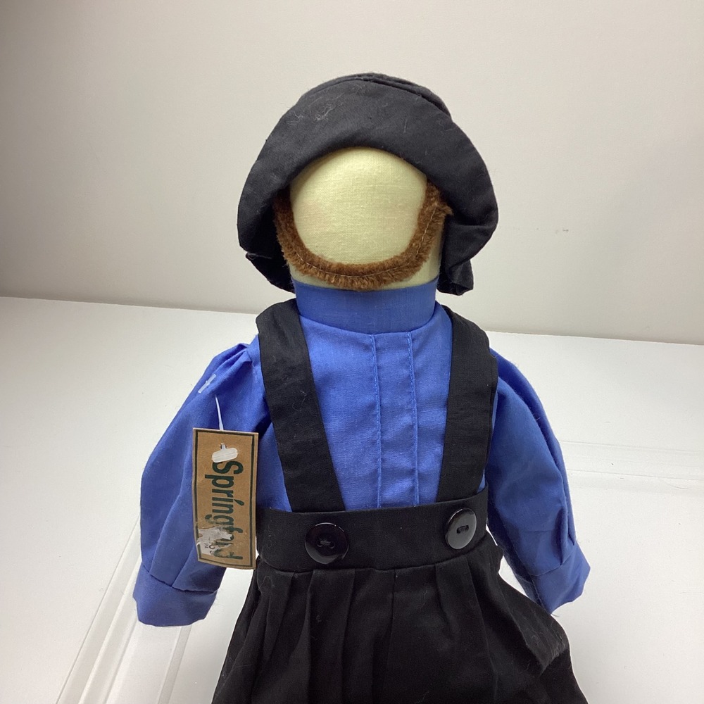 Springford Collection Amish Man Faceless Rag Doll Blue Shirt Black Hat 18.5in.